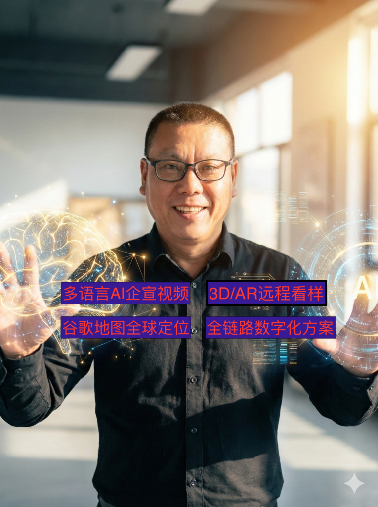 帮助中资工厂数字化出海：多语言AI企宣视频，谷歌地图定位搜索曝光，3D/AR远程沉浸式看样Helping Chinese-owned factories go digital and expand internationally: Multilingual AI-powered promotional videos, Google Maps location-based search exposure, and 3D/AR remote immersive product viewing.